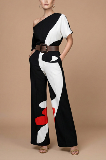Women's Wide Leg Jumpsuit - One Shoulder Floral Print