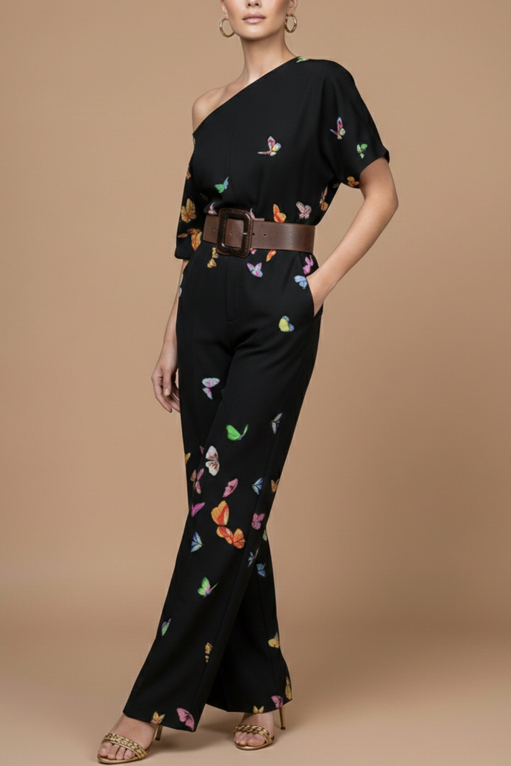 Women's Wide Leg Jumpsuit - One Shoulder Floral Print