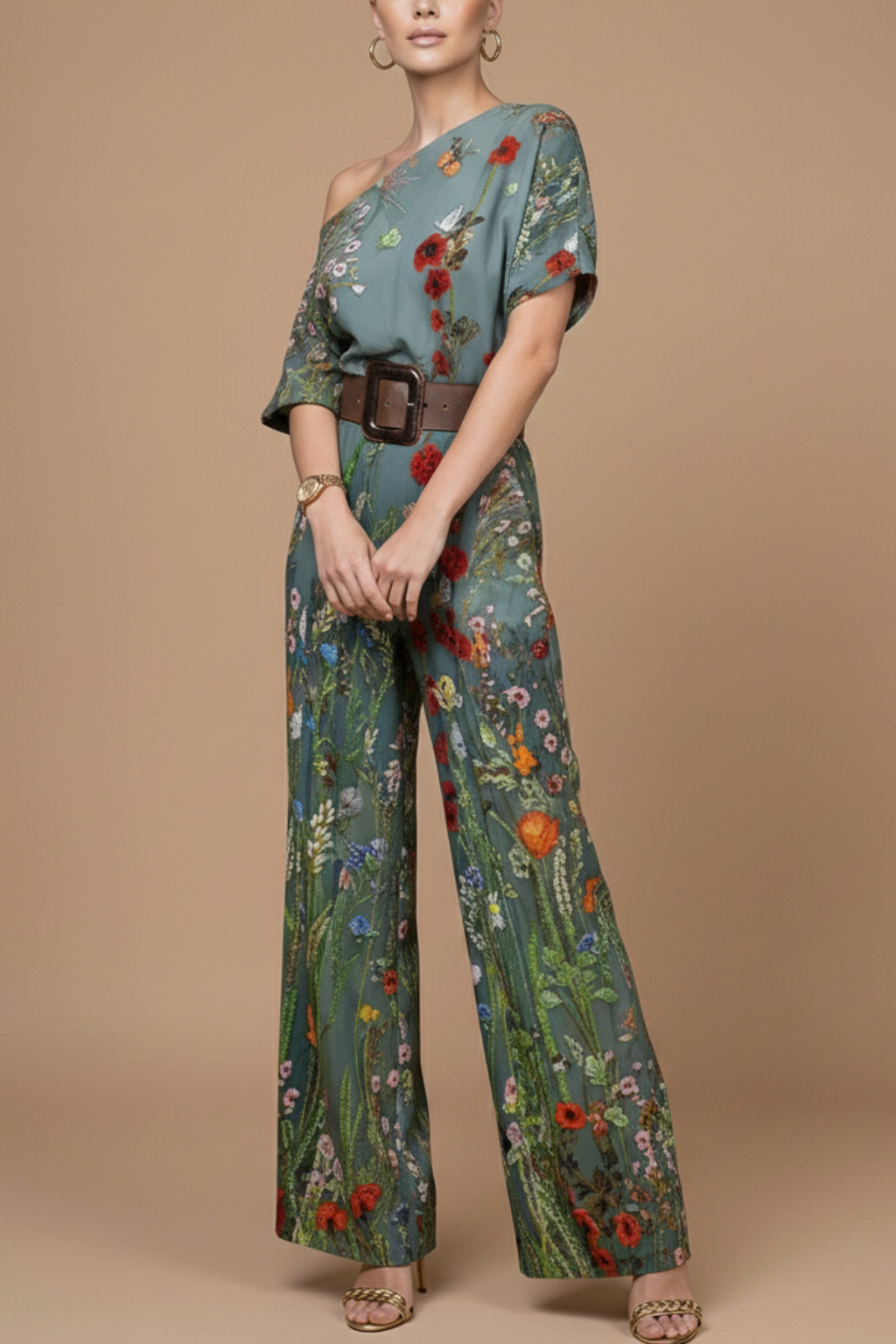 Women's Wide Leg Jumpsuit - One Shoulder Floral Print