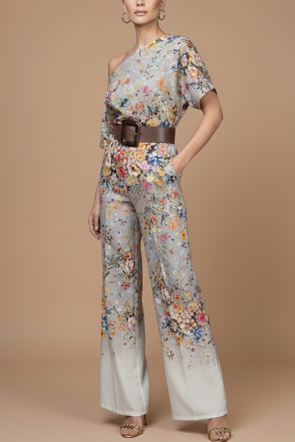 Women's Wide Leg Jumpsuit - One Shoulder Floral Print
