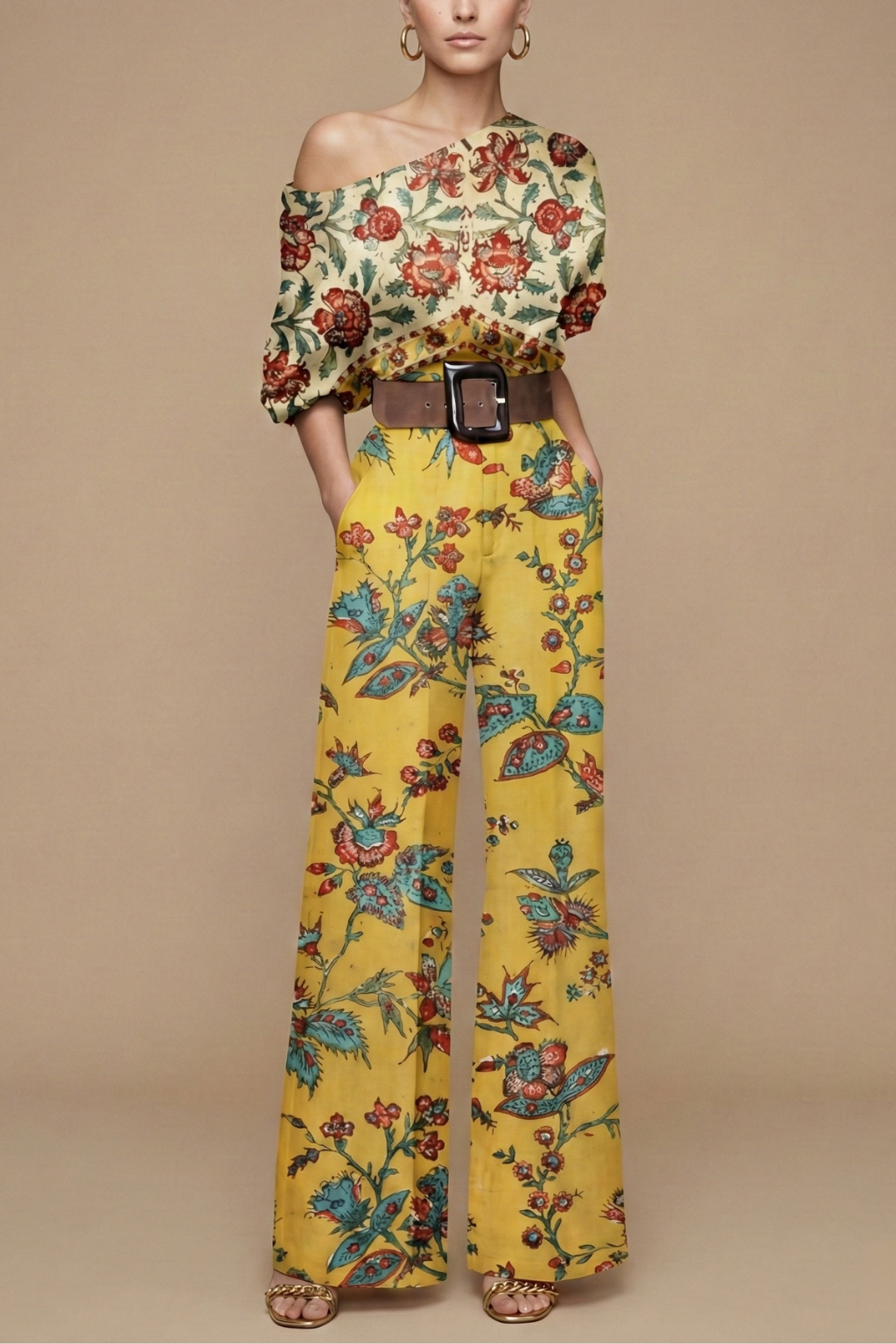 Women's Wide Leg Jumpsuit - One Shoulder Floral Print