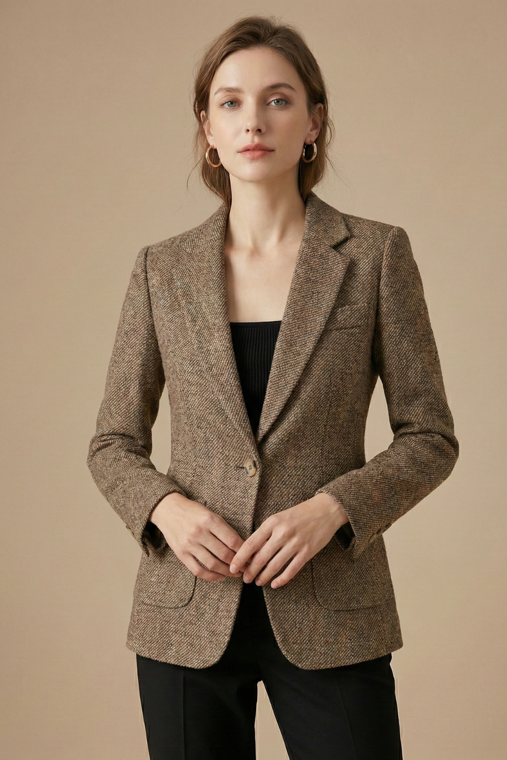 Women's Fitted Tweed Wool Blazer - Single Button Notch Lapel