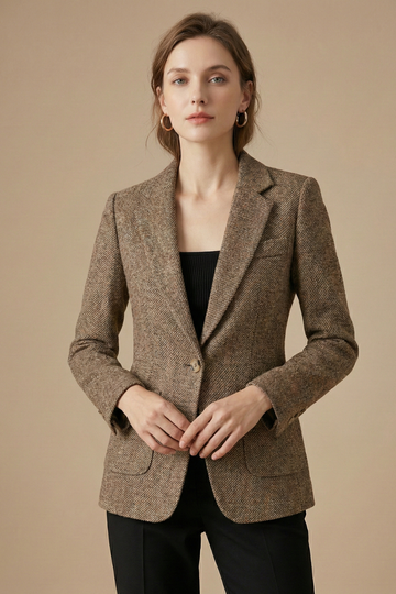 Women's Fitted Tweed Wool Blazer - Single Button Notch Lapel