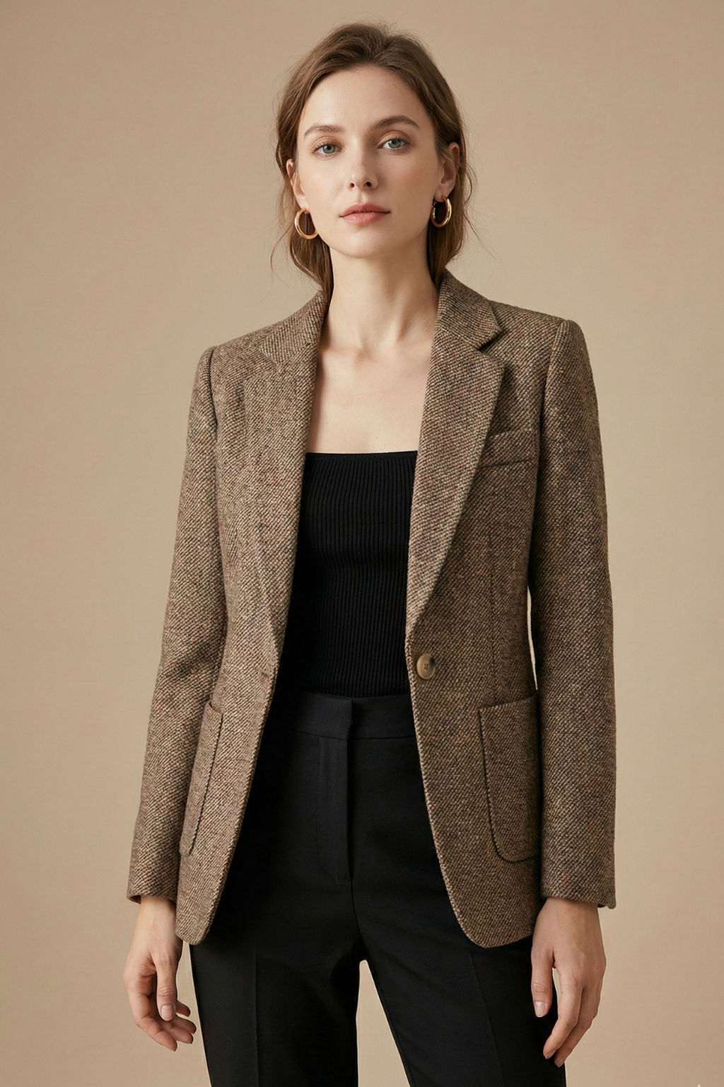 Women's Fitted Tweed Wool Blazer - Single Button Notch Lapel