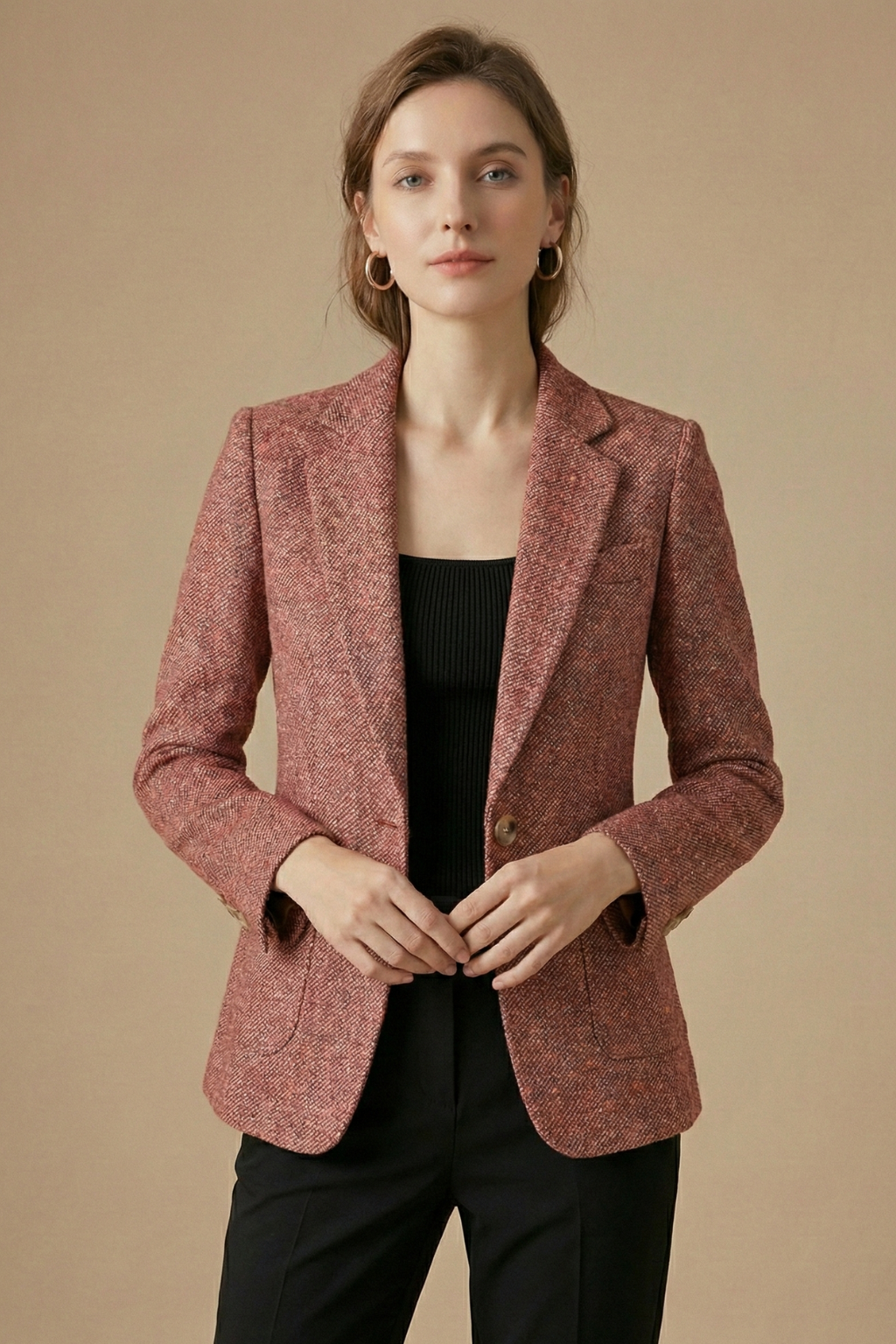 Women's Fitted Tweed Wool Blazer - Single Button Notch Lapel