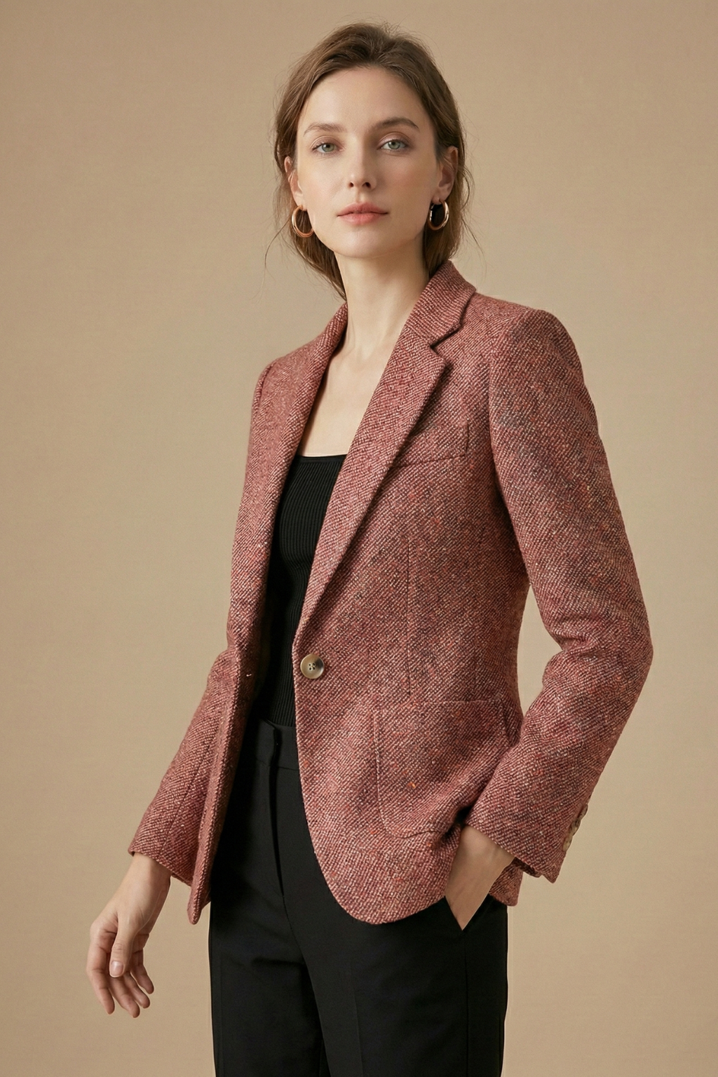 Women's Fitted Tweed Wool Blazer - Single Button Notch Lapel