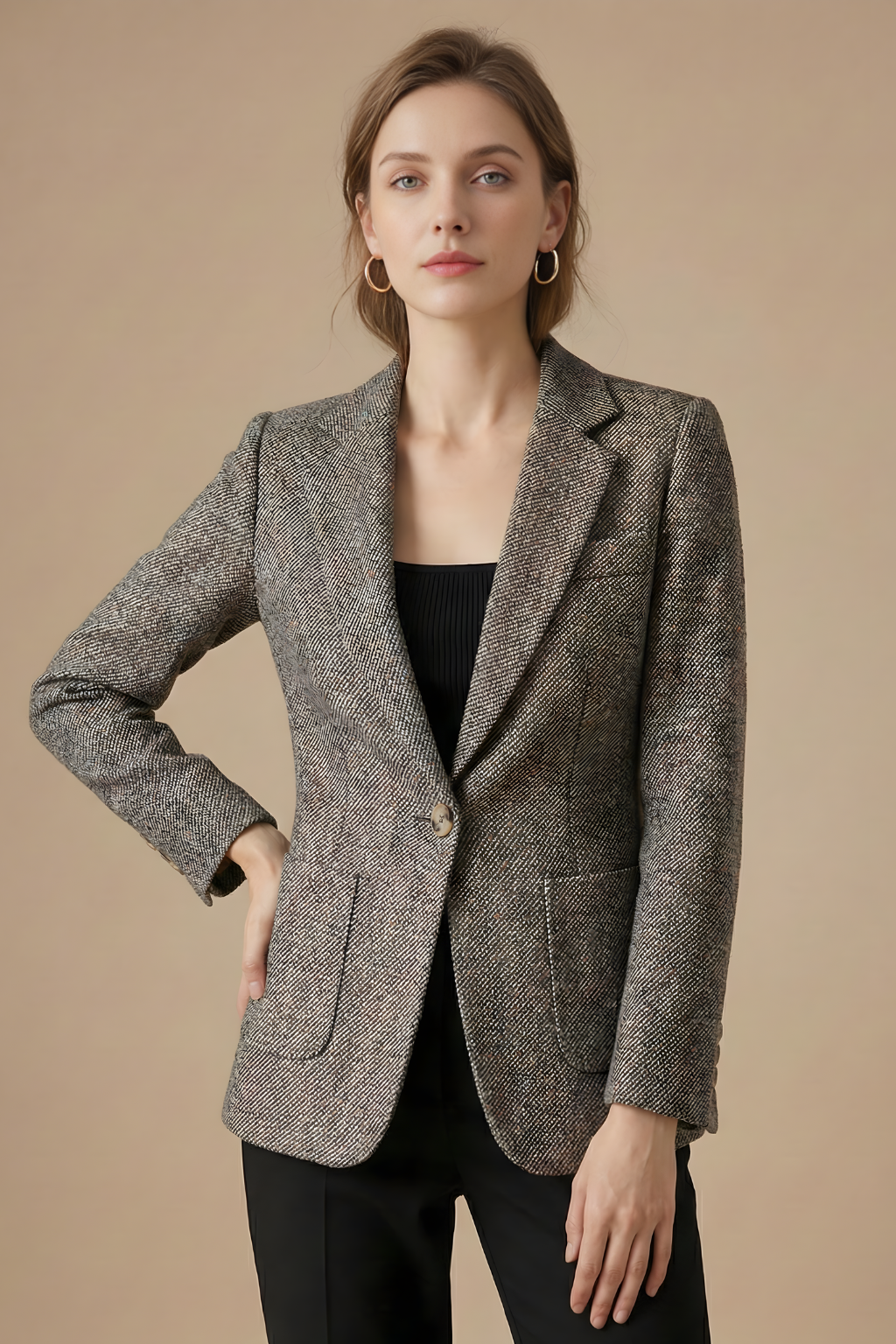 Women's Fitted Tweed Wool Blazer - Single Button Notch Lapel