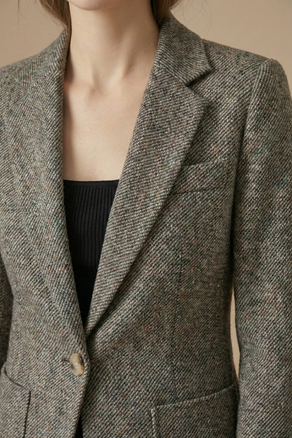 Women's Fitted Tweed Wool Blazer - Single Button Notch Lapel