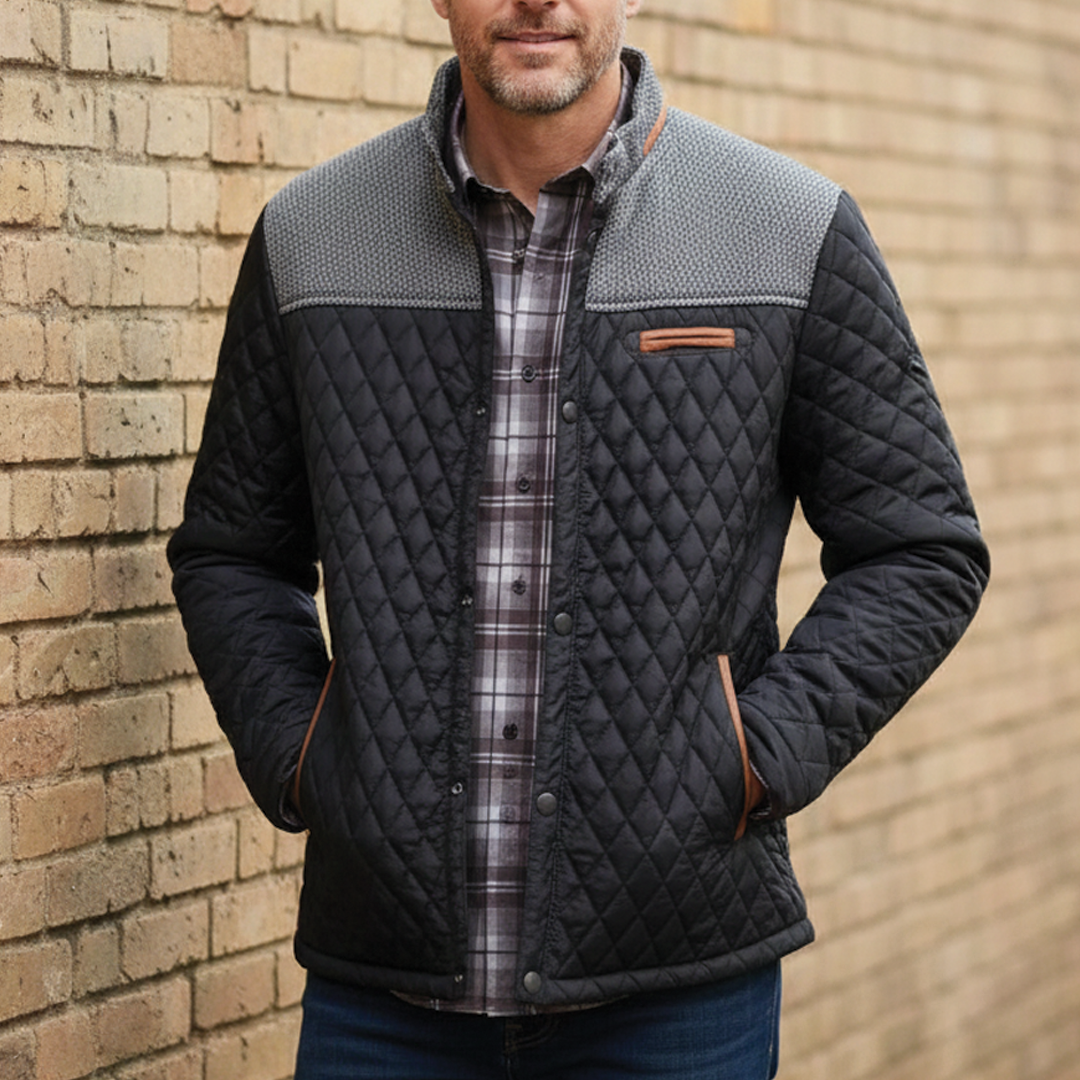 Men’s Quilted Jacket – Snap Button Front Casual Coat with Stand Collar and Contrast Panels