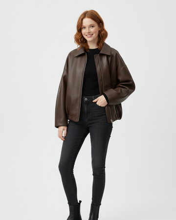 Women's Oversized Jacket - Zip-Up with Point Collar and Integrated Belted Waist