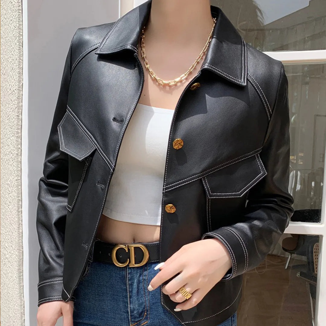 Women's Cropped Jacket - Notch Lapel Button Front Topstitched