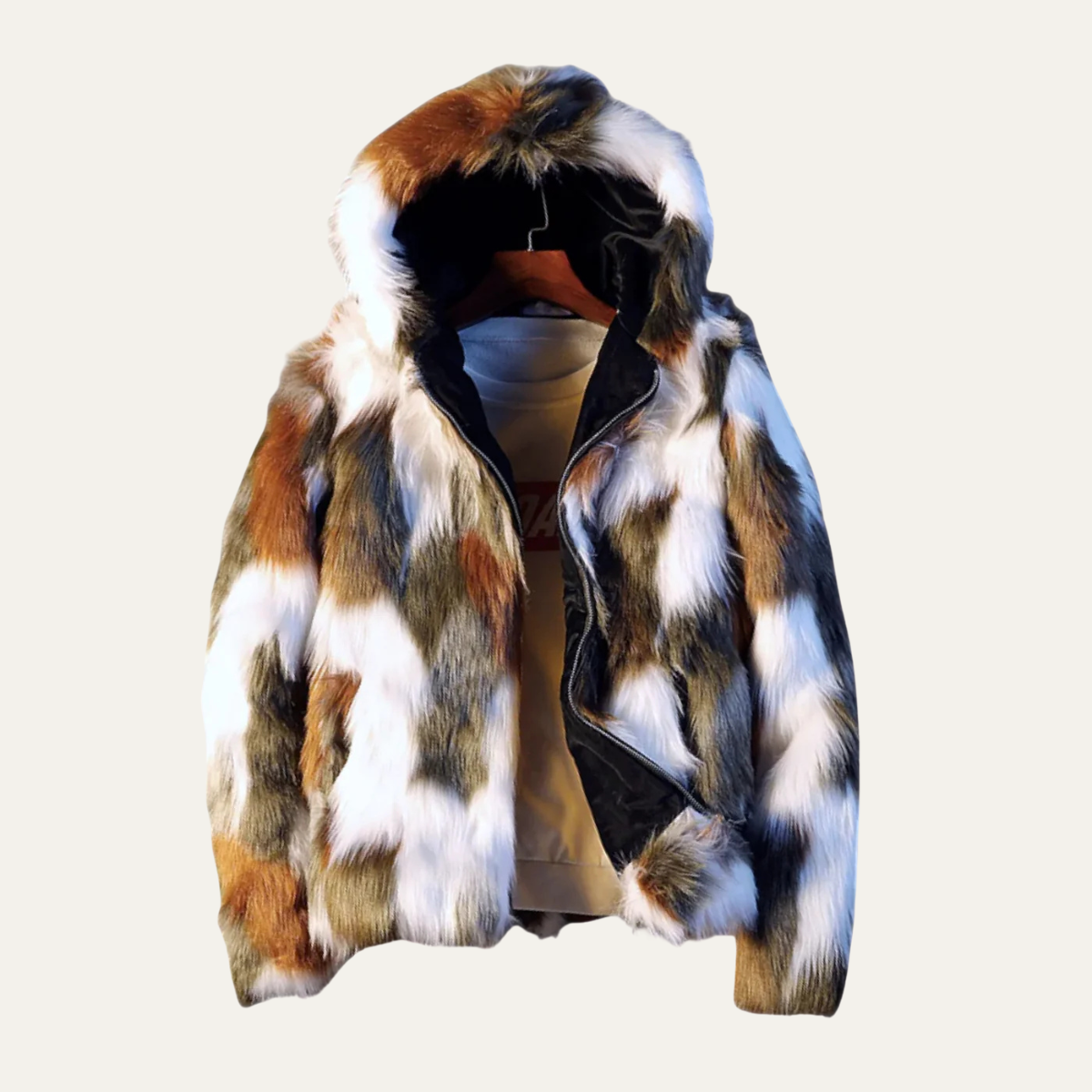 Men's Jacket - Faux Fur Zip Up with Shaggy Multi-Tone Print and Fleece Lined Interior
