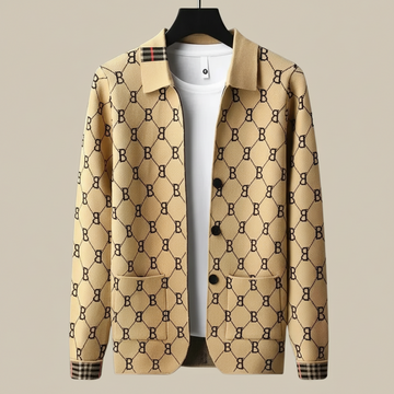 Men's Knit Cardigan - Button-Up Shirt Collar with All-Over Print - Contrast Check Cuffs and Patch Pockets