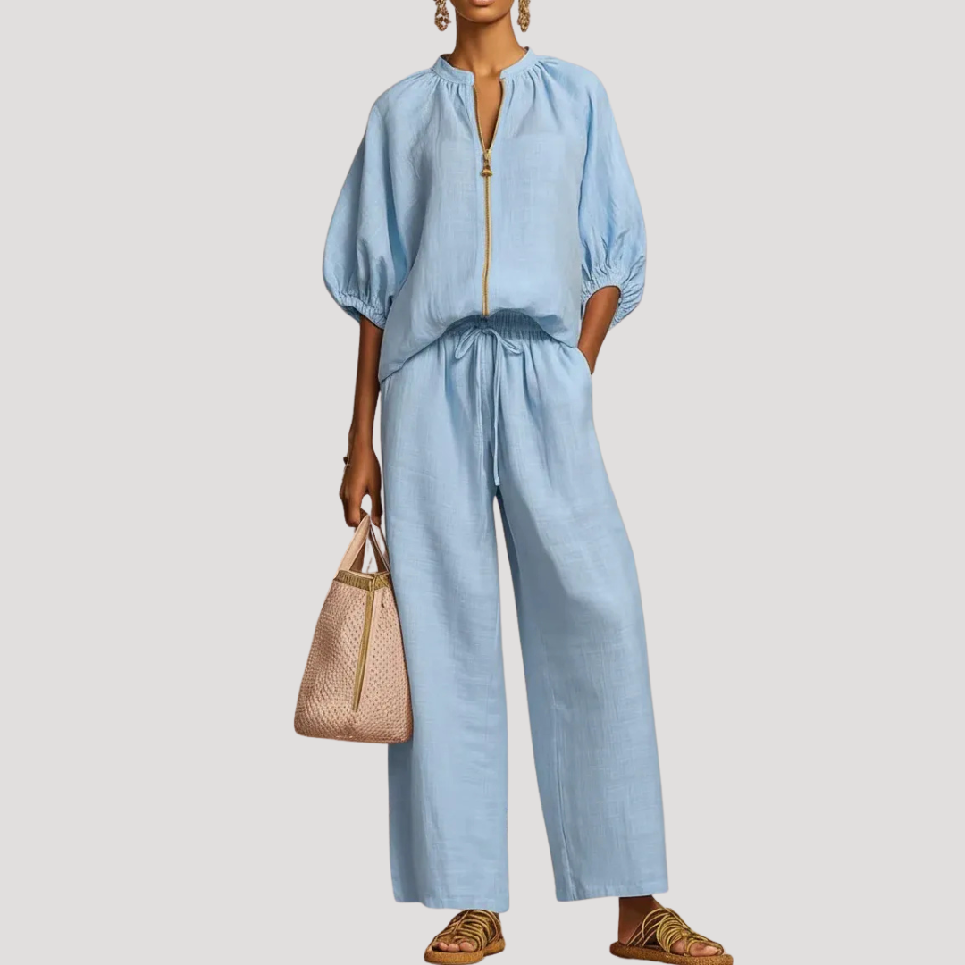 Women's Linen Puff Sleeve Zip Top Wide Leg Pants Set