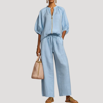 Women's Linen Puff Sleeve Zip Top Wide Leg Pants Set