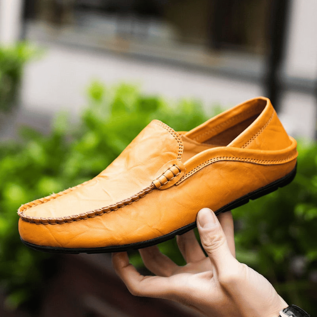 Men's Casual Loafers - Slip-On Moccasin Toe with Topstitched Apron and Flat Sole