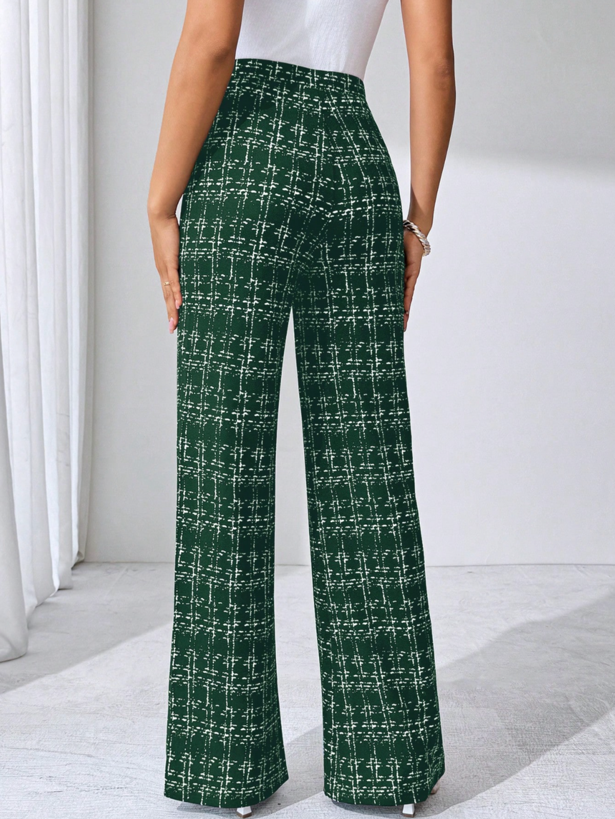 Women's Plaid Wide Leg Pants - High Waist Full Length Pull On