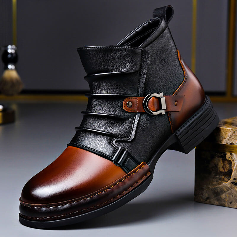 Men's Dress Boots - Two-Tone Ankle Boot with Buckle Strap and Stacked Heel