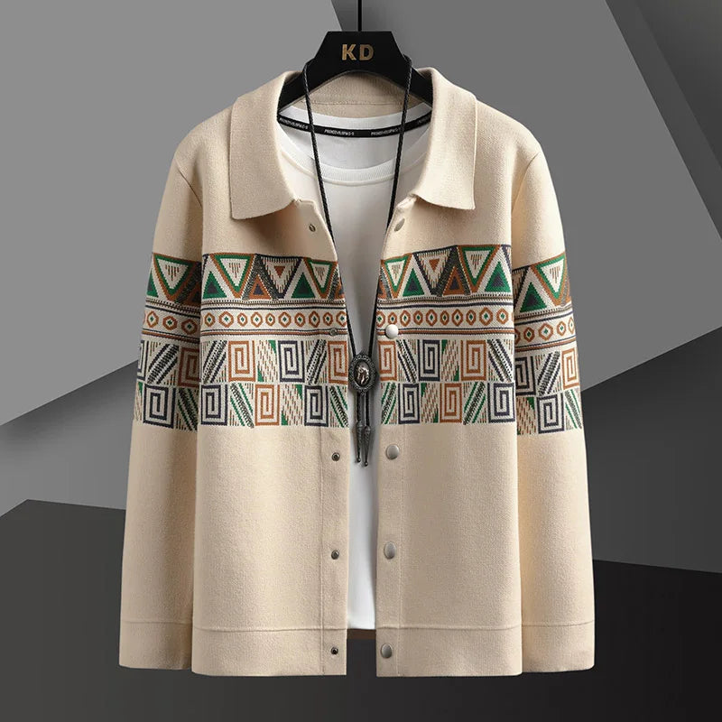 Men's Cardigan Jacket - Geometric Print - Snap Button