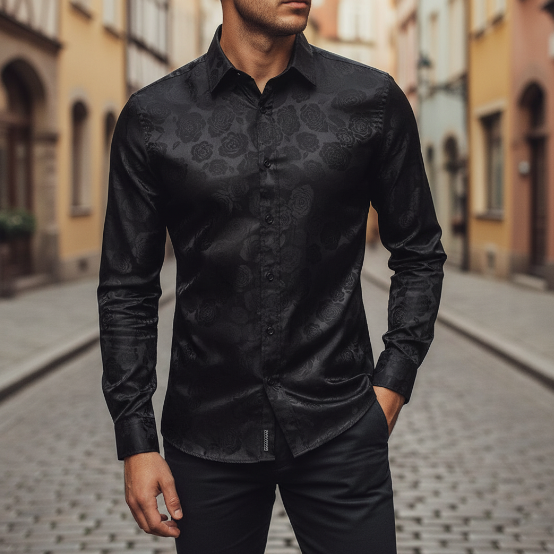 Men's Long Sleeve Button Up Shirt - Rose Jacquard Print - Slim Fit