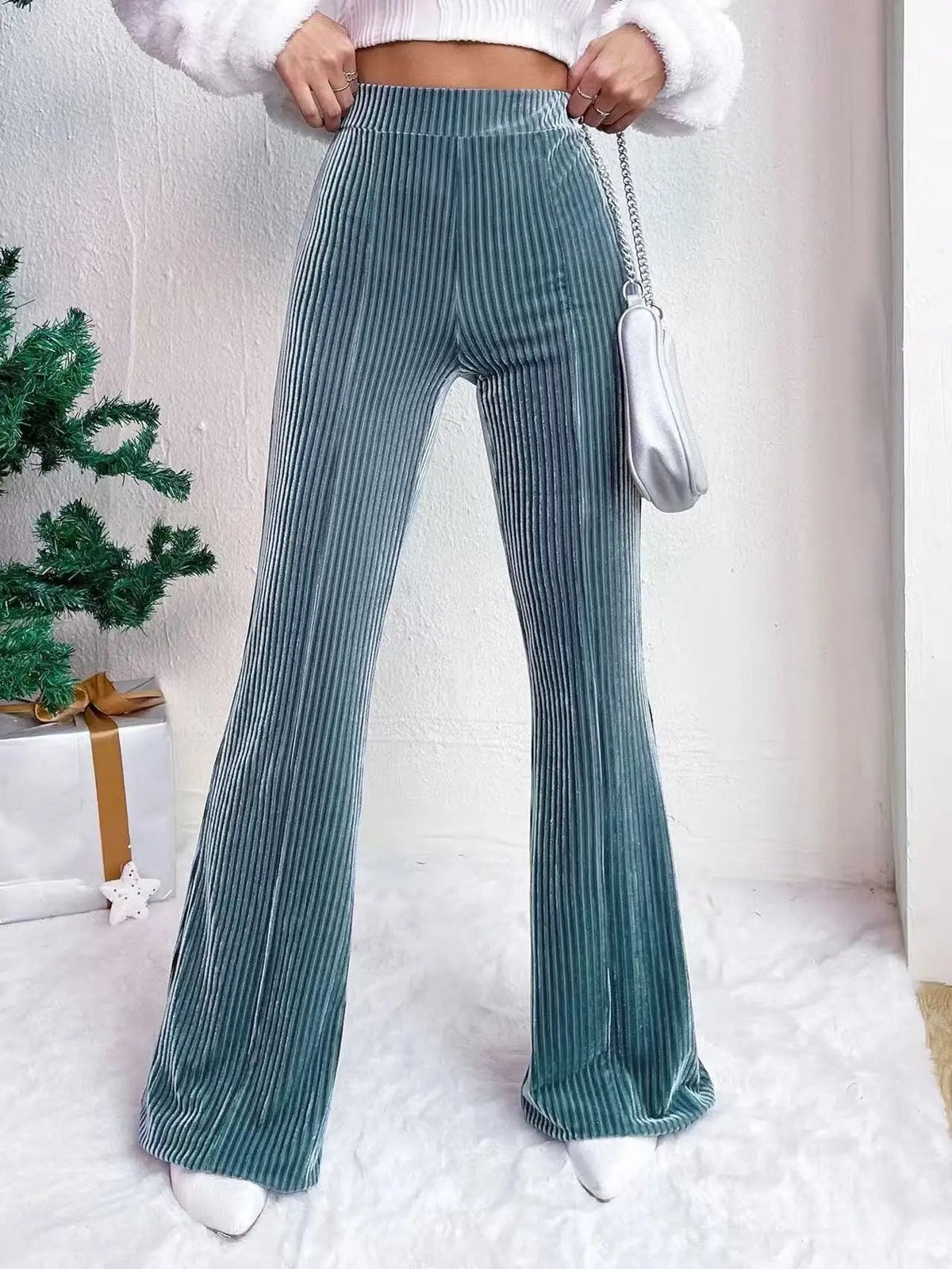 Women's Wide Leg Pants - High Waist Elasticated Ribbed Flare with Plain Hem