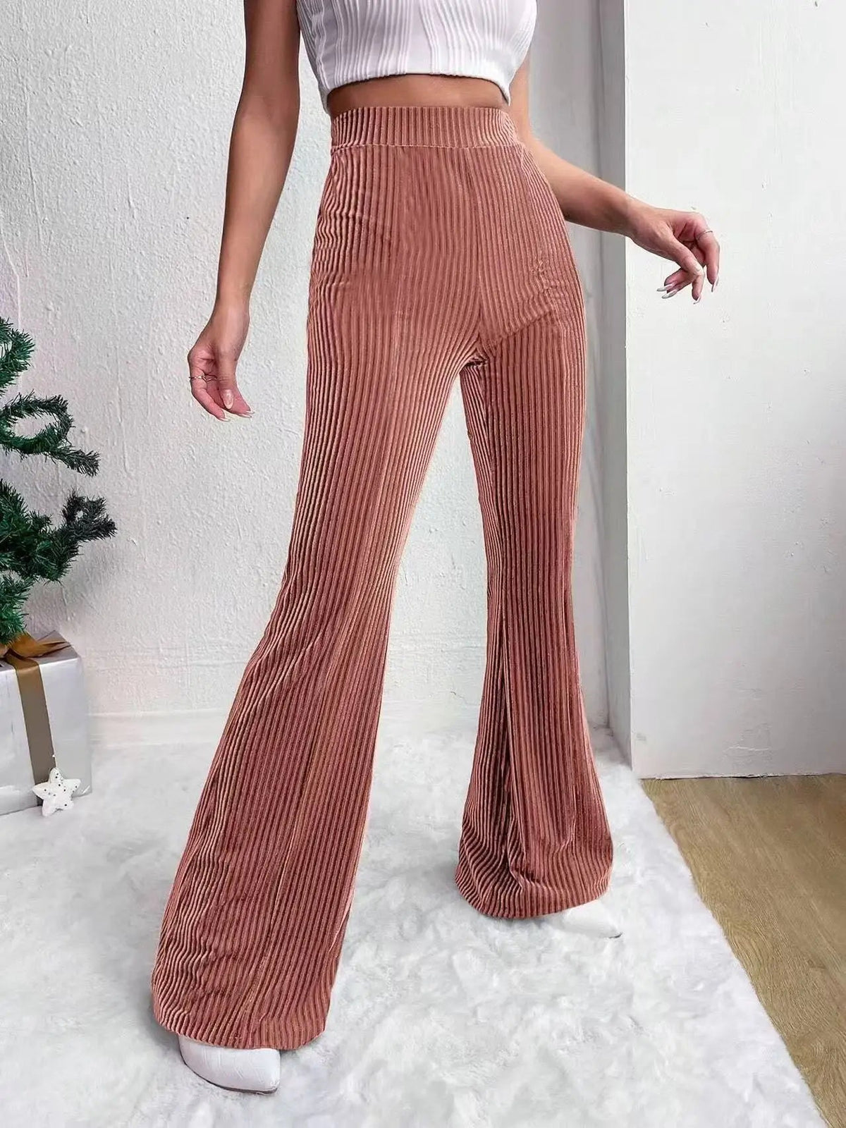 Women's Wide Leg Pants - High Waist Elasticated Ribbed Flare with Plain Hem