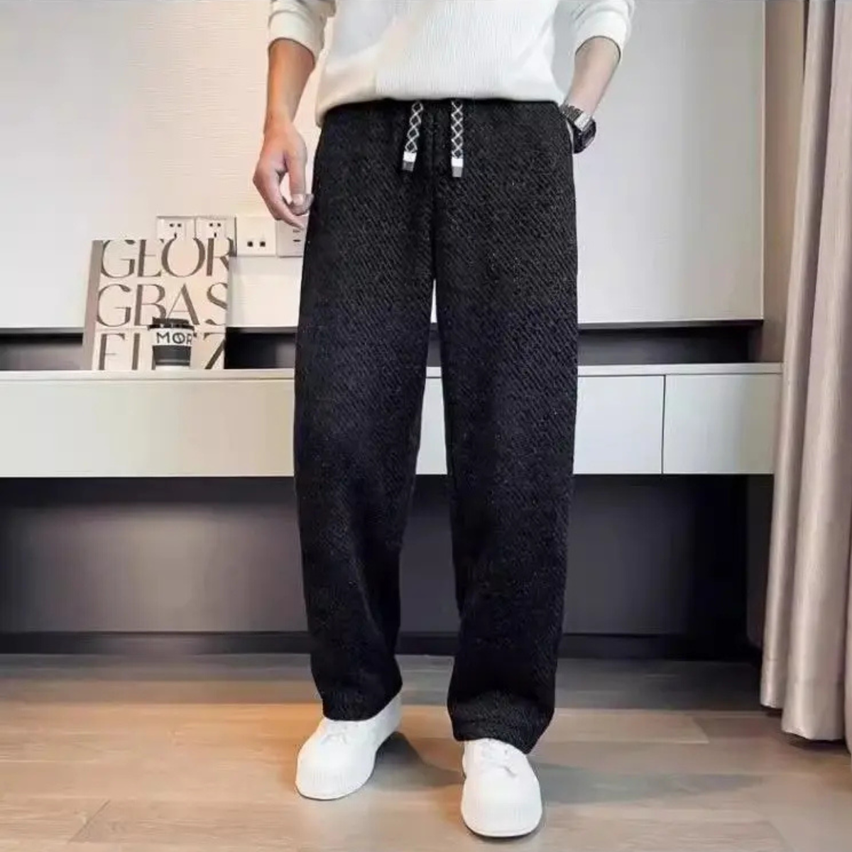 Men's Wide Leg Pants - Elasticated Waist Drawcord Twill