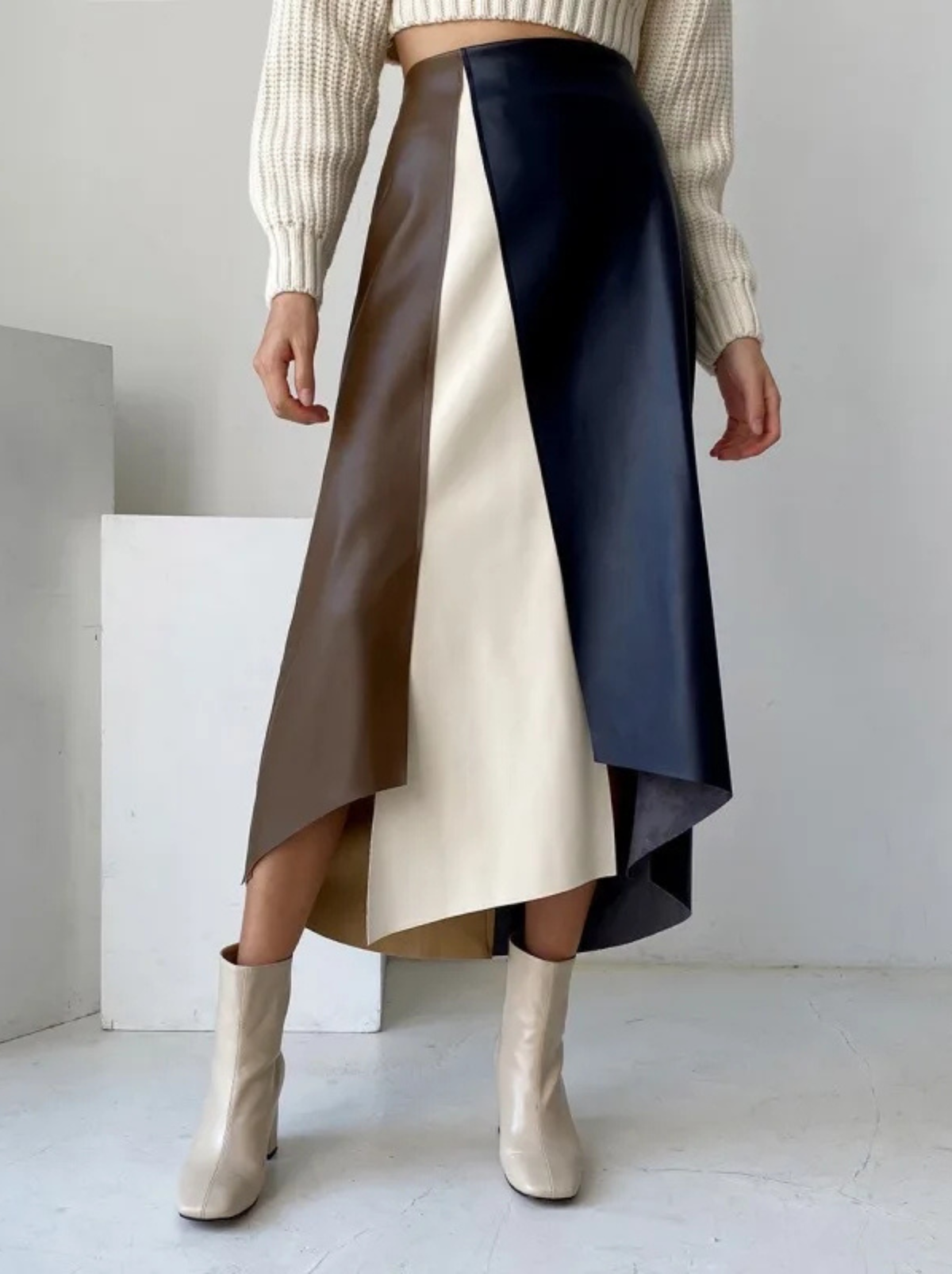 Women's High Waist Leather Skirt - Colour Block Asymmetric Hem