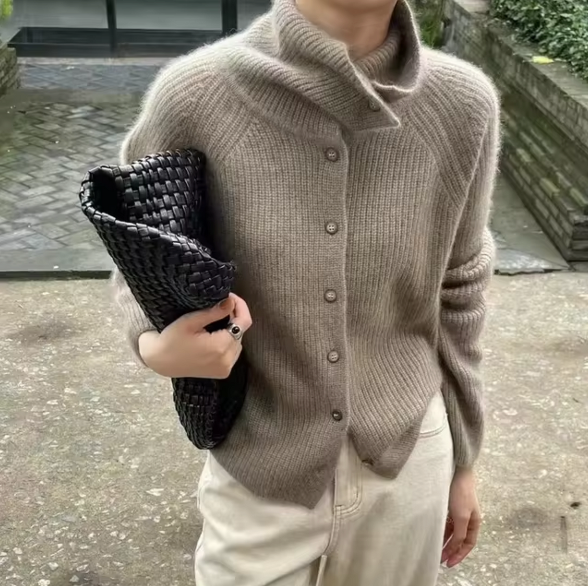 Women's Knit Sweater - Oversized Turtleneck with Button Front and Ribbed Texture