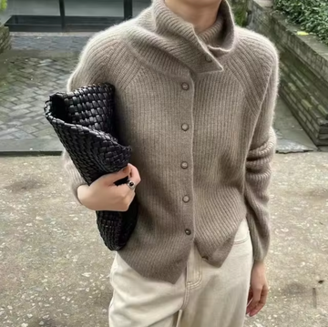 Women's Knit Sweater - Oversized Turtleneck with Button Front and Ribbed Texture