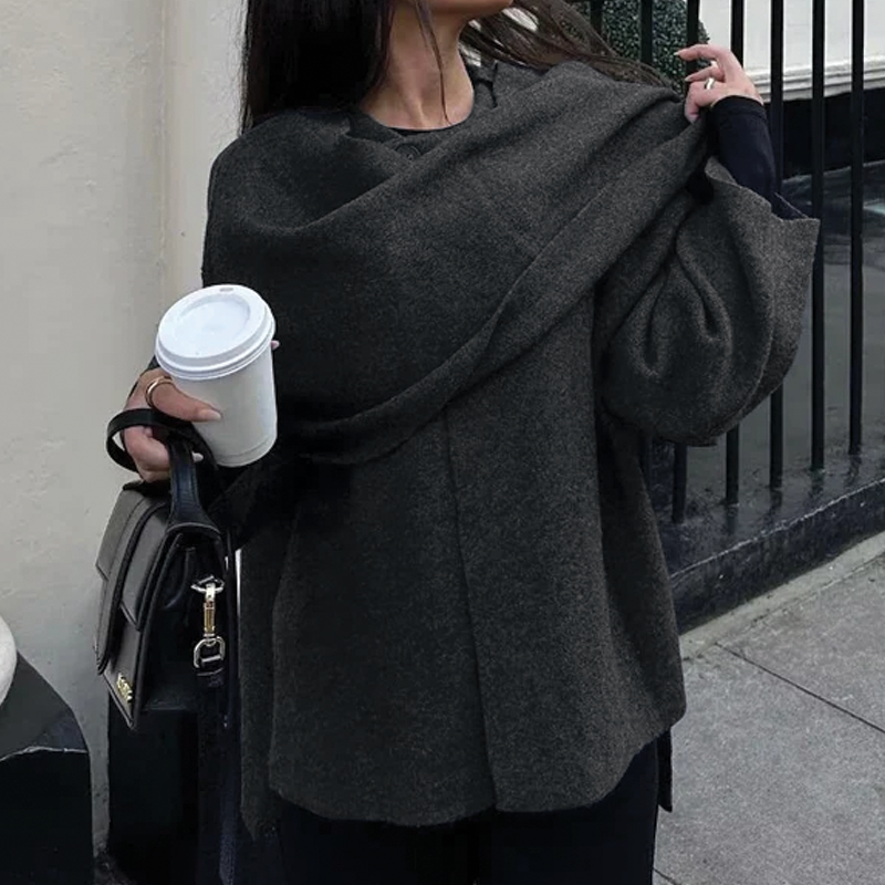 Women’s Asymmetrical Coat – Wide Sleeve Short Overcoat with Draped Scarf Collar