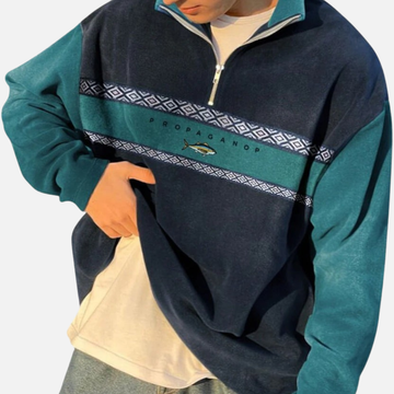 Men's Fleece Quarter Zip Jumper - Contrast Panel - Graphic Stripe
