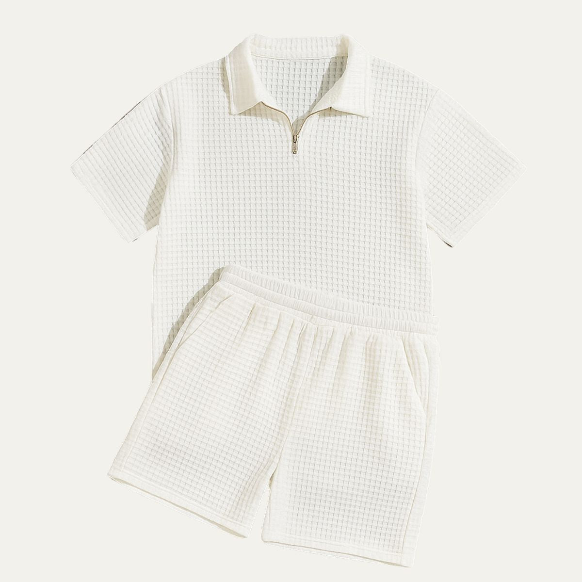 Men's Waffle Knit Half-Zip Polo Short Set - Two Piece