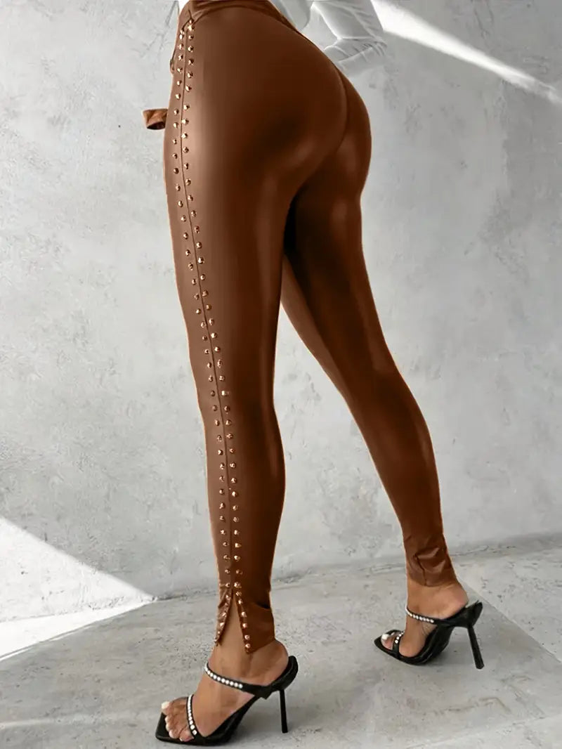 Women's High Waist Studded Pants - Skinny Leg Front Tie Detail