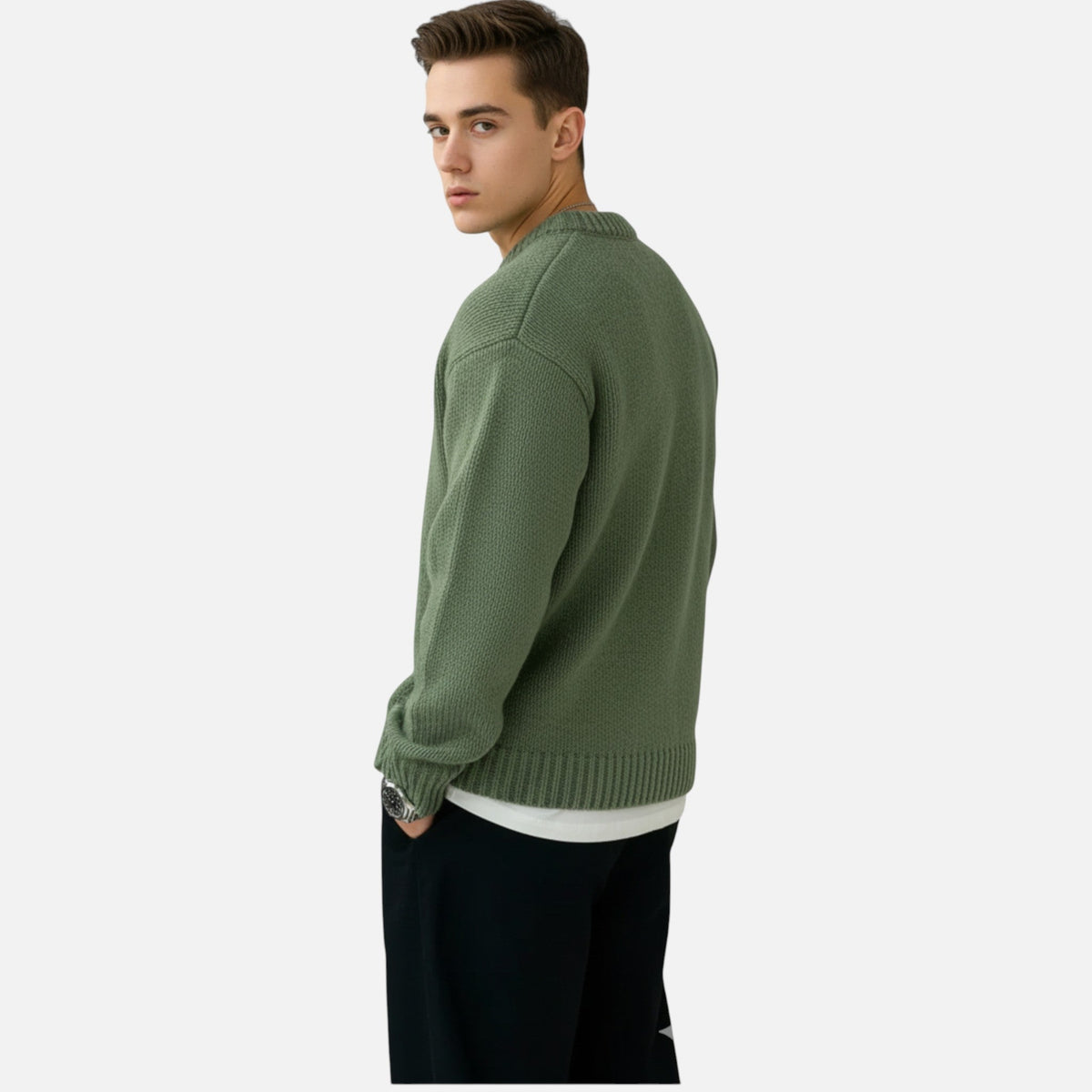 Men's Crew Neck Jumper - Long Sleeve - Ribbed Cuffs and Hem