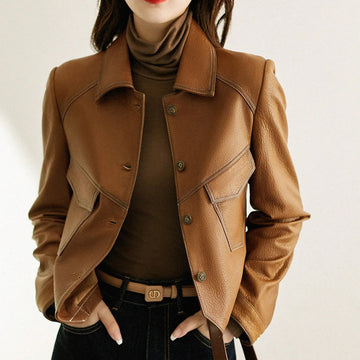 Women's Cropped Jacket - Notch Lapel Button Front Topstitched