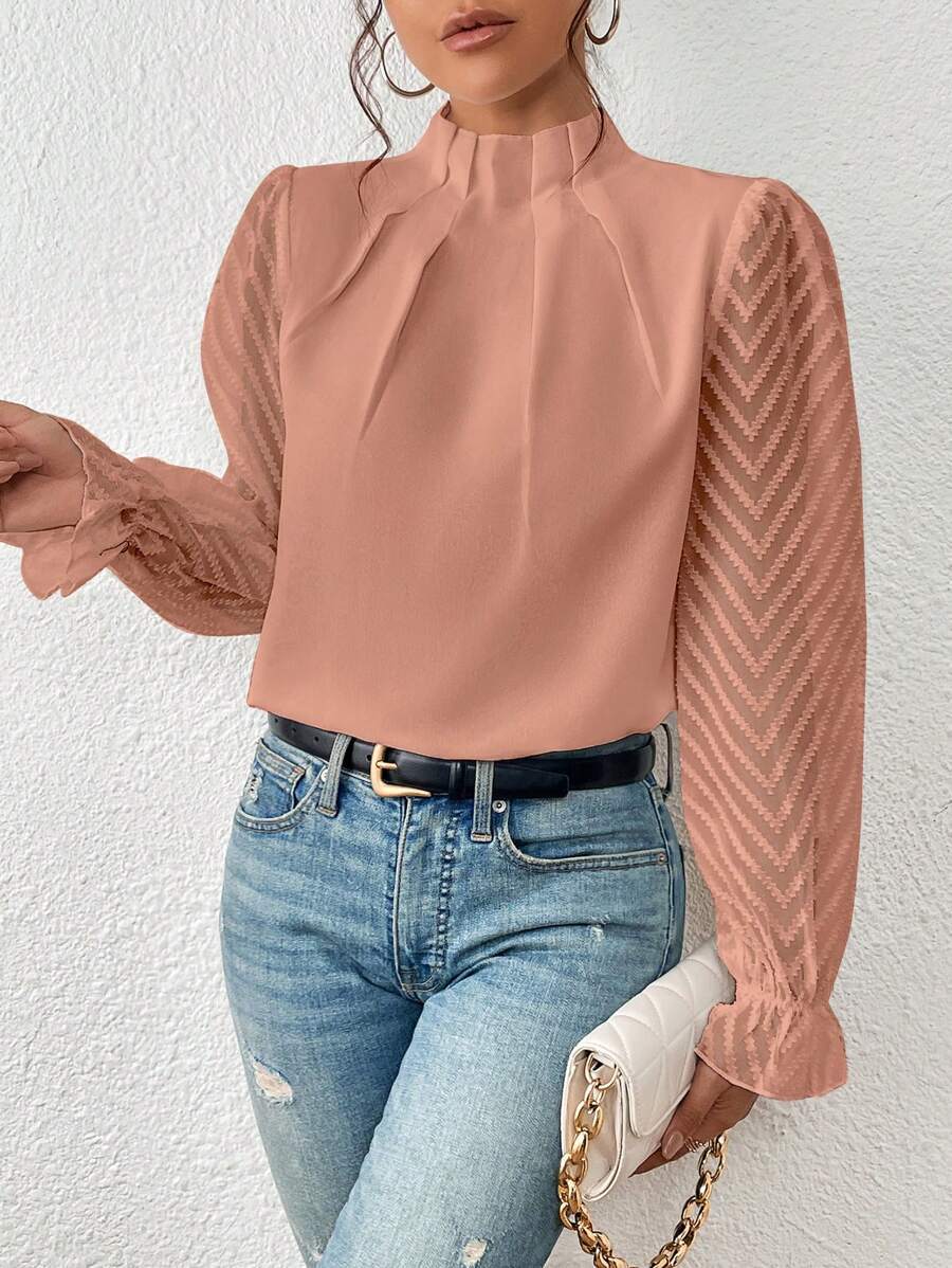 Women’s High Neck Blouse with Pleated Front and Sheer Patterned Sleeves