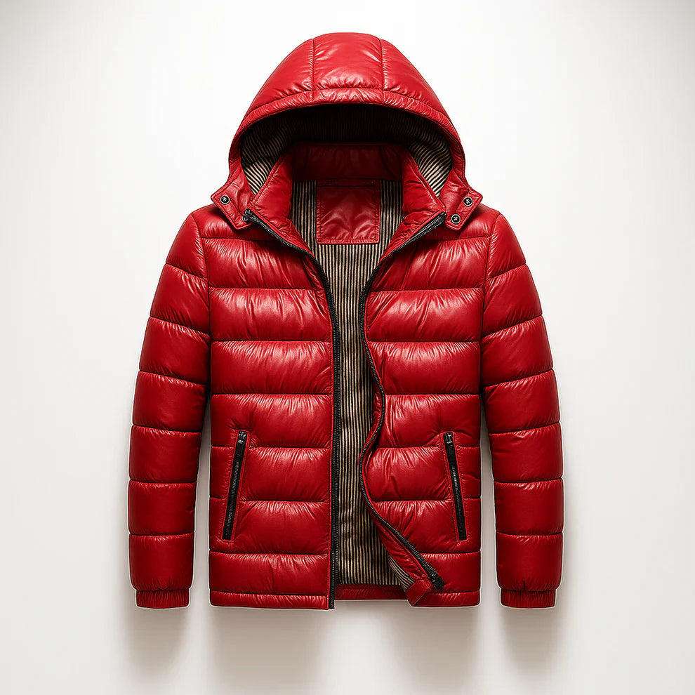 Men's Puffer Jacket - Hooded Zip Front with Contrast Zip Pockets and Quilted Channels