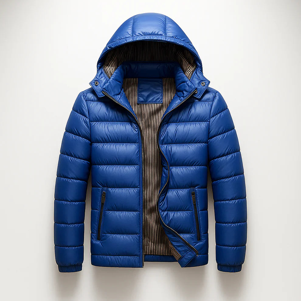 Men's Puffer Jacket - Hooded Zip Front with Contrast Zip Pockets and Quilted Channels