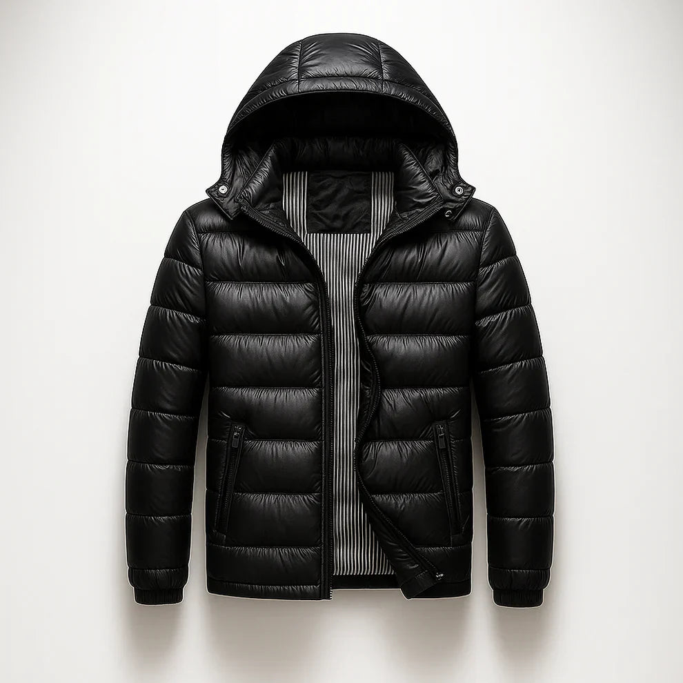 Men's Puffer Jacket - Hooded Zip Front with Contrast Zip Pockets and Quilted Channels