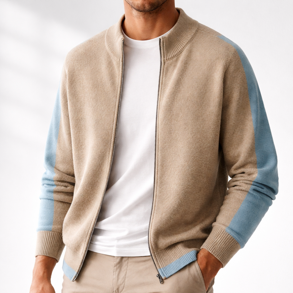 Men's Cardigan - Zip Up Knit Jumper with Colour Block Panels and Ribbed Cuffs