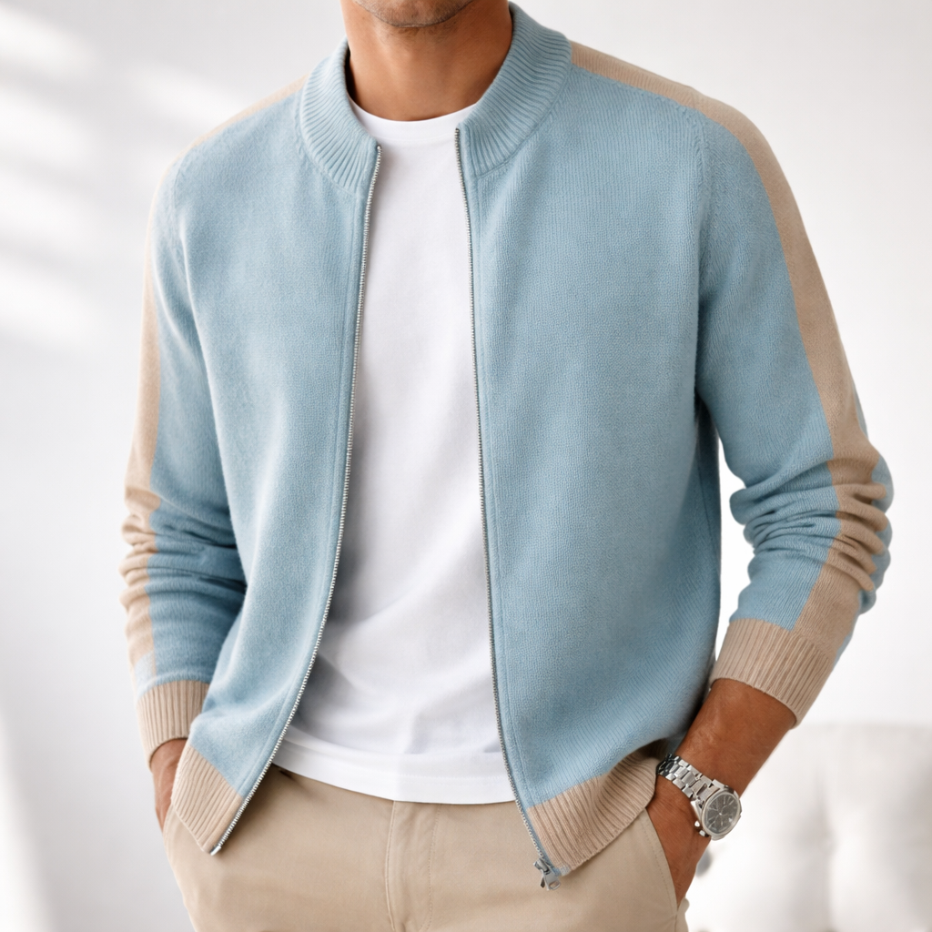 Men's Cardigan - Zip Up Knit Jumper with Colour Block Panels and Ribbed Cuffs