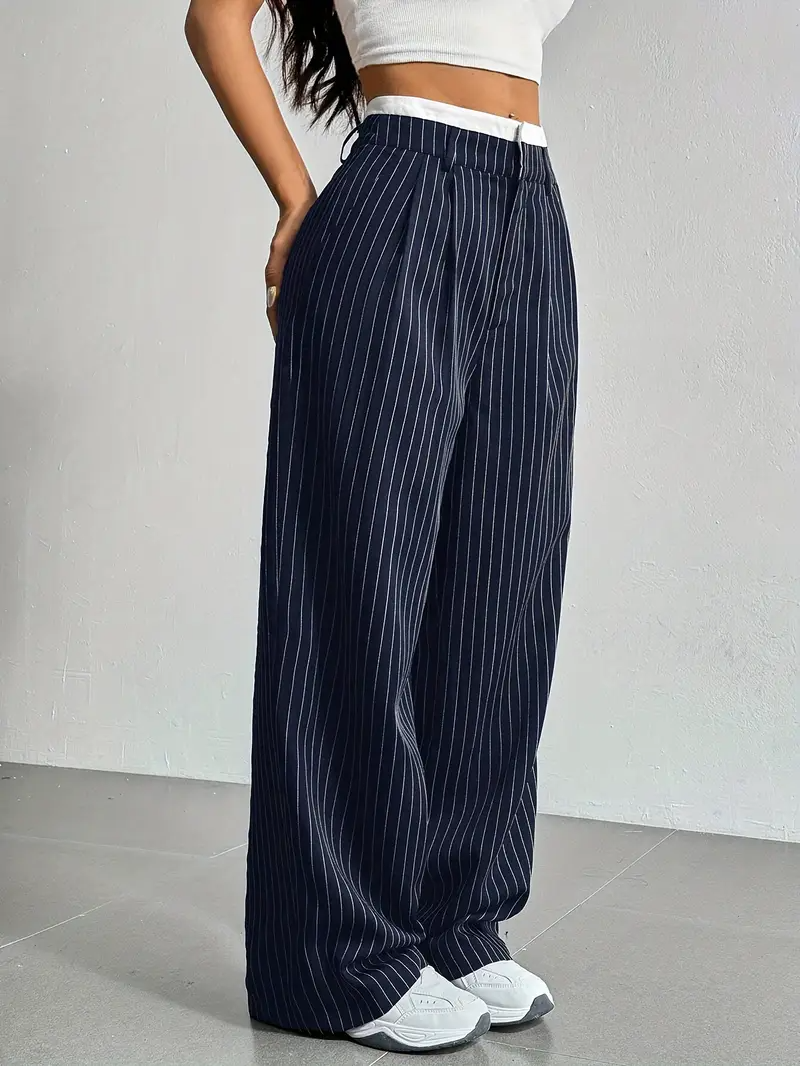 Women's Wide Leg Pinstripe Pants - High Waist - Contrast Waistband