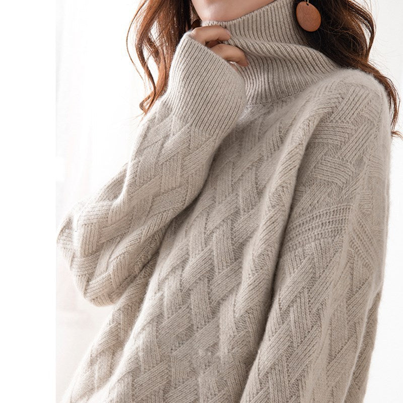 Women's Polo Neck Jumper - Diamond Cable Knit - Oversized Fit