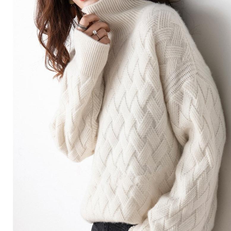 Women's Polo Neck Jumper - Diamond Cable Knit - Oversized Fit