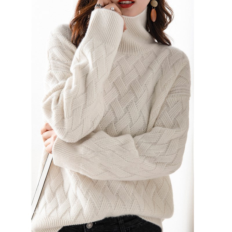 Women's Polo Neck Jumper - Diamond Cable Knit - Oversized Fit