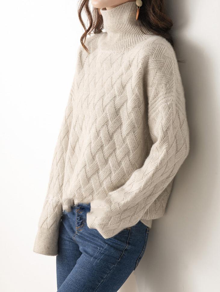Women's Polo Neck Jumper - Diamond Cable Knit - Oversized Fit