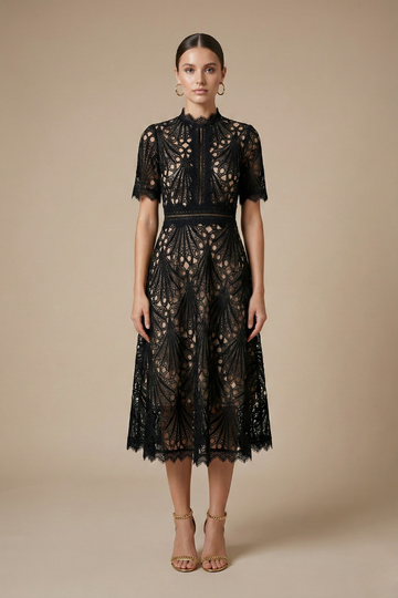 Women's Lace Midi Dress - High Neck Short Sleeve A-Line Cutwork