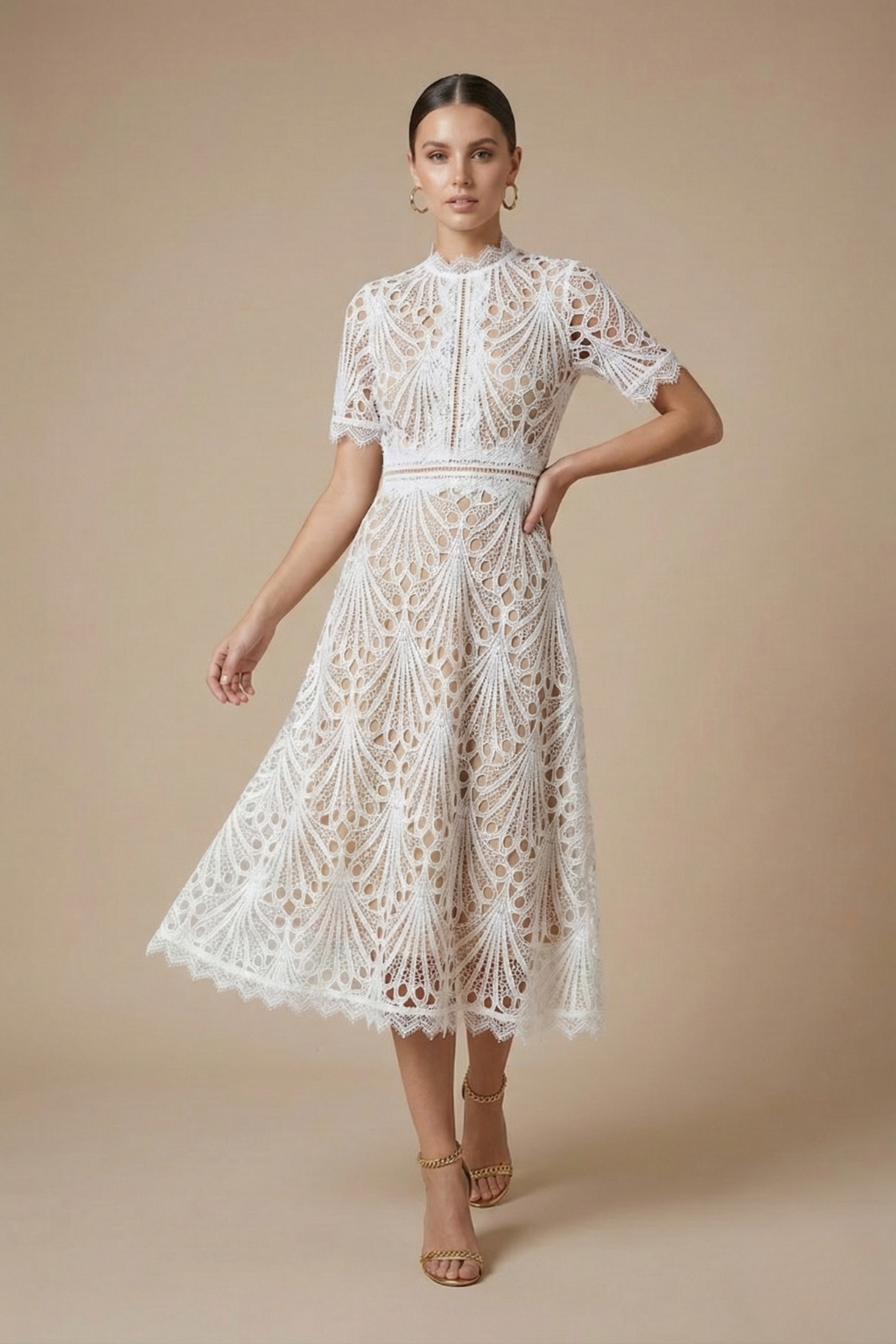 Women's Lace Midi Dress - High Neck Short Sleeve A-Line Cutwork