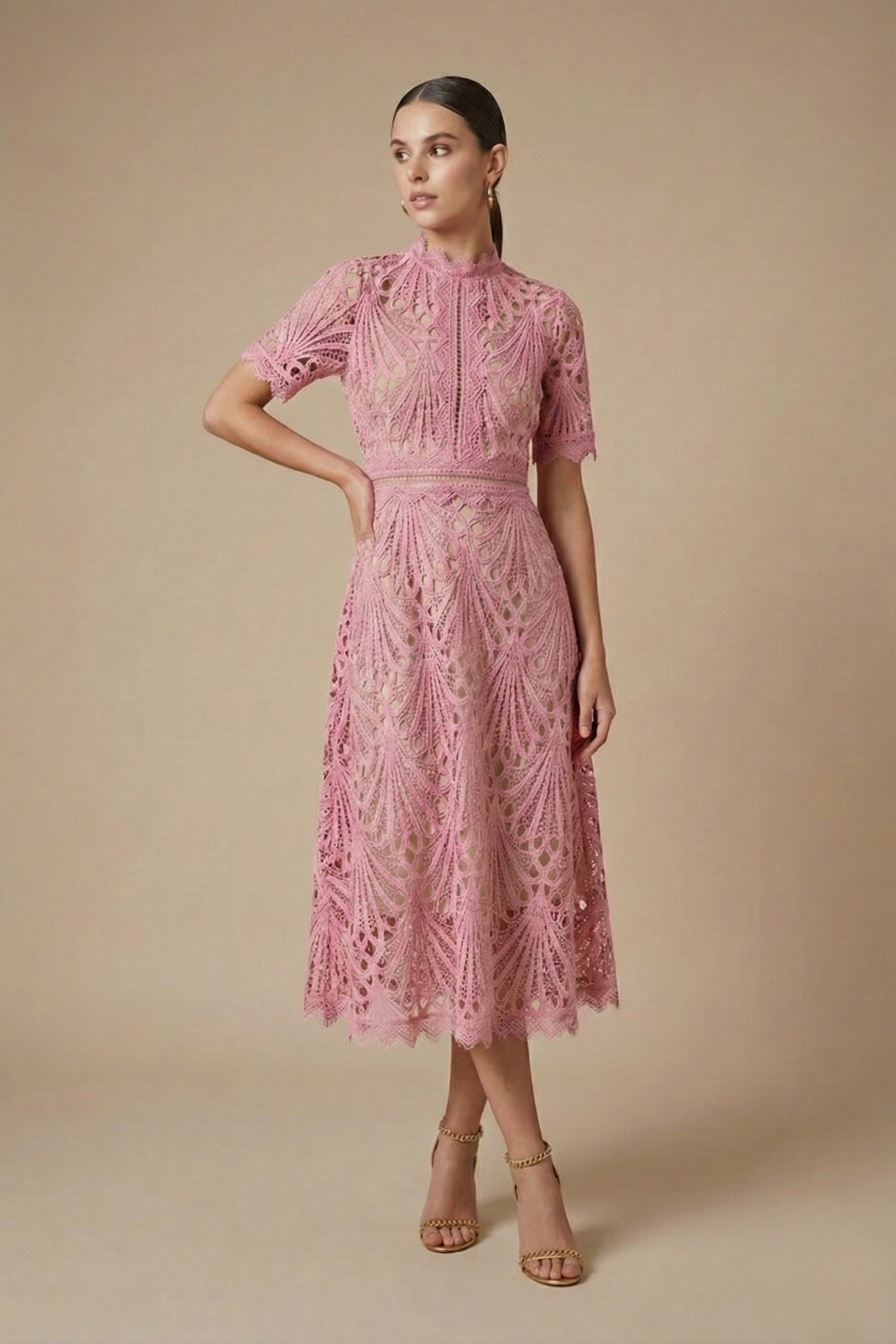 Women's Lace Midi Dress - High Neck Short Sleeve A-Line Cutwork